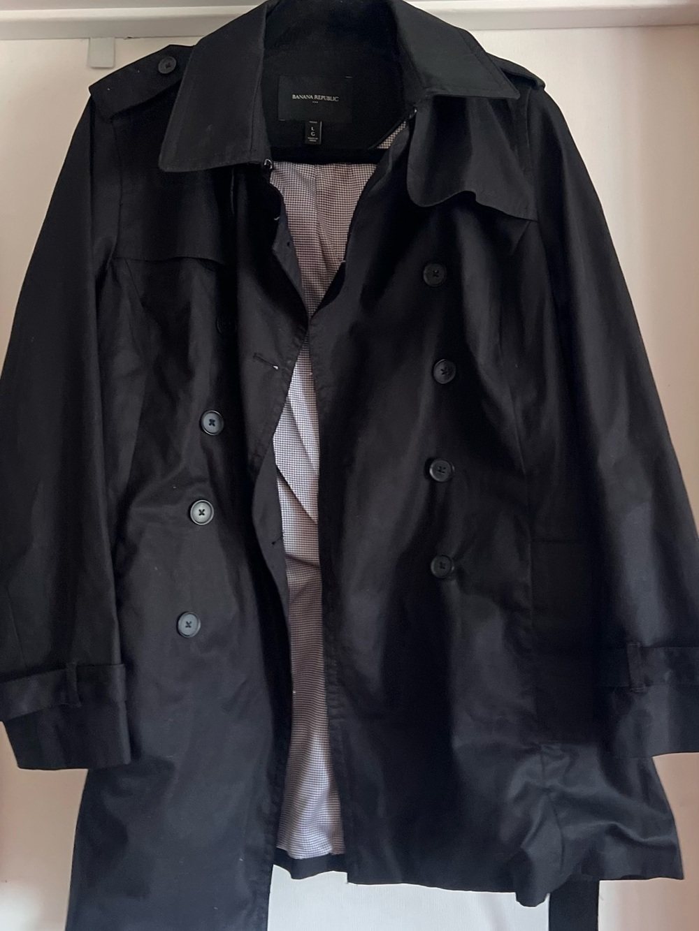 Women’s large Petite Banana Republic black double breasted trench coat